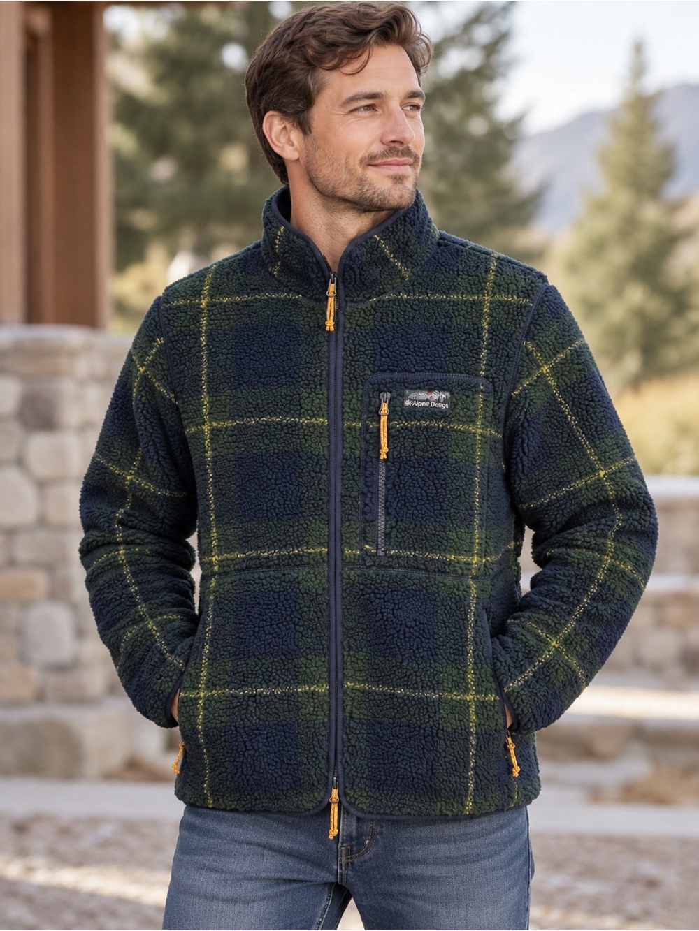 Alpine Design Men’s Sherpa Fleece Jacket Dark Green Navy Plaid Small